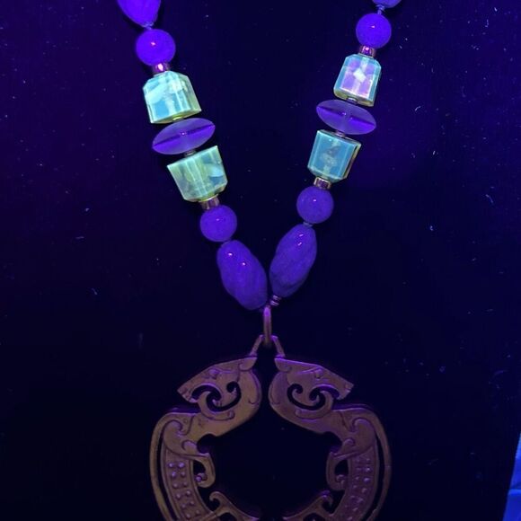 Jadeite Gemstones Tassel Necklace 12" Blue Gold-tone Chinese Zodiac Medallion - Picture 13 of 14